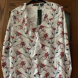 NWT- Cream/Navy/Burgandy Blouse. Ruffle in front
